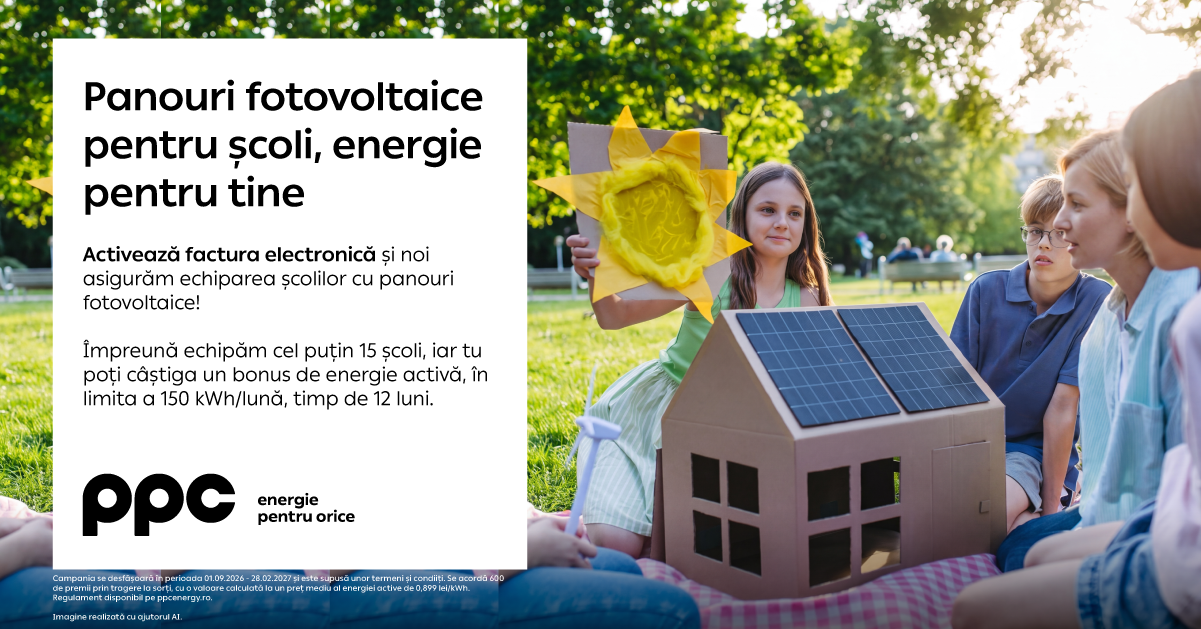 PPC Energie lansează campanie de dotare a școlilor cu panouri fotovoltaice prin activarea facturii electronice